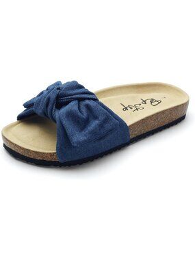 Women's Navy Cute Bow Tie Knot On Top Strap Comfy Slip On Slides Dressy Sandals
